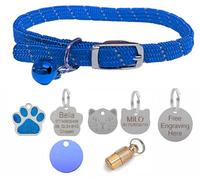 LarryRoo Cat/kitten Reflective Softweave Collar With Safety Elastic, Bell With Optional Personalised Tag (Blue, 22mm Anodised Tag)