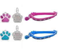 LarryRoo Cute Leather Cat Collar With Sparkly Bling Diamond Effect Stones, Quick Release, Bell & Personalised Engraved 27mm Glitter Paw
