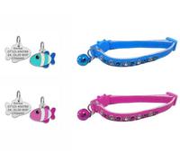 LarryRoo Cute Leather Cat Collar With Sparkly Bling Diamond Effect Stones, Quick Release, Bell & Personalised Engraved 27mm Fish Shaped Id