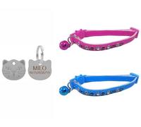 LarryRoo Cute Leather Cat Collar With Sparkly Bling Diamond Effect Stones, Quick Release, Bell & Personalised Engraved Cat Face Tag (Pink)