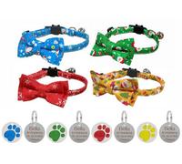 LarryRoo Festive Christmas Cat/kitten Collar With Bow Tie, Quick Release Safety Buckle, Bell & Personalised Engraved 25mm Round Glitter