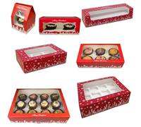 LARRYROO Festive Christmas Cupcake/Mince Pie Boxes for 1, 2, 3, 6, 12 Cup Cakes & Removable Inner Trays (2, Double Cupcake Box)