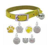 LarryRoo Genuine Leather Cat Collar With Safety Elastic & Bell With Optional Personalised Engraved Tag (Yellow, 27mm Glitter Paw Shaped