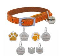 LarryRoo Genuine Leather Cat Collar With Safety Elastic & Bell With Optional Personalised Engraved Tag (Orange, 25mm Plain Nickel Tag)