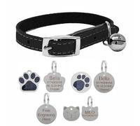 LarryRoo Genuine Leather Cat Collar With Safety Elastic & Bell With Optional Personalised Engraved Tag (Black, 25mm Plain Nickel Tag)
