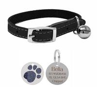 LarryRoo Genuine Leather Cat Collar With Safety Elastic & Bell With Personalised Engraved 25mm Glitter Paw Print Tag (Black)