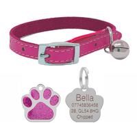 LarryRoo Genuine Leather Cat Collar With Safety Elastic & Bell With Personalised Engraved 27mm Glitter Paw Print Shape Tag (Pink)