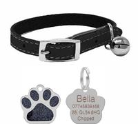 LarryRoo Genuine Leather Cat Collar With Safety Elastic & Bell With Personalised Engraved 27mm Glitter Paw Print Shape Tag (Black)