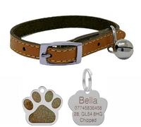 LarryRoo Genuine Leather Cat Collar With Safety Elastic & Bell With Personalised Engraved 27mm Glitter Paw Print Shape Tag (Brown)