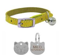 LarryRoo Genuine Leather Cat Collar With Safety Elastic & Bell With Personalised Engraved Cat Face Tag (Yellow)