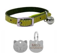 LarryRoo Genuine Leather Cat Collar With Safety Elastic & Bell With Personalised Engraved Cat Face Tag (Green)