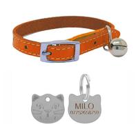LarryRoo Genuine Leather Cat Collar With Safety Elastic & Bell With Personalised Engraved Cat Face Tag (Orange)