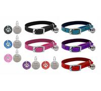 LarryRoo Genuine Leather Cat/kitten Bright Pet Collar With Safety Elastic, Bell & Personalised Engraved Paw Print Tag (Purple)