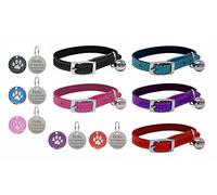 LARRYROO Genuine Leather Cat/Kitten Bright Pet Collar with Safety Elastic, Bell & Personalised Engraved Paw Print Tag (Blue)