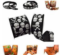 LarryRoo Happy Halloween Ribbon In A Range Of Spooky Designs & Sizes - For Gift Wrapping, Decoration, Party Etc (Black Skull & Cross