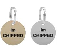 LARRYROO I'm Chipped 25mm Cat Tag for Kitten, Puppy, Dog ID Pet Tags - Engraved in Deep, Black & Bold Letters (Silver/Nickel)