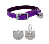 LarryRoo Leather Cat Collar, Safety Elastic, Bell & Engraved Cat Face Tag (Purple)