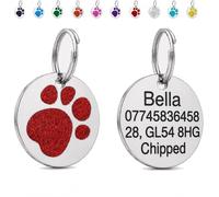 LarryRoo Personalised Dog Tag for Pet Deep Engraved Stainless Steel Pet ID Tag with Glitter Paw Print, Customised Contact Details for Dogs and Cats, 25mm, 32mm or 36mm (Red, Extra Large - 36mm)