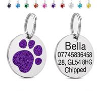 LarryRoo Personalised Dog Tag for Pet Deep Engraved Stainless Steel Pet ID Tag with Glitter Paw Print, Customised Contact Details for Dogs and Cats, 25mm, 32mm or 36mm (Purple, Large - 32mm)