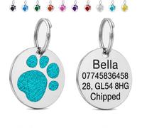LarryRoo Personalised Dog Tag for Pet Deep Engraved Stainless Steel Pet ID Tag with Glitter Paw Print, Customised Contact Details for Dogs and Cats, 25mm, 32mm or 36mm (Turquoise, Extra Large - 36mm)