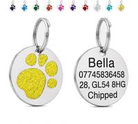 LarryRoo Personalised Dog Tag for Pet Deep Engraved Stainless Steel Pet ID Tag with Glitter Paw Print, Customised Contact Details for Dogs and Cats, 25mm, 32mm or 36mm (Yellow, Extra Large - 36mm)