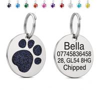 LarryRoo Personalised Dog Tag for Pet Deep Engraved Stainless Steel Pet ID Tag with Glitter Paw Print, Customised Contact Details for Dogs and Cats, 25mm, 32mm or 36mm (Black, Extra Large - 36mm)