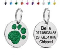 LarryRoo Personalised Dog Tag for Pet Deep Engraved Stainless Steel Pet ID Tag with Glitter Paw Print, Customised Contact Details for Dogs and Cats, 25mm, 32mm or 36mm (Green, Standard - 25mm)