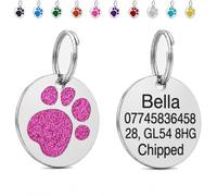 LarryRoo Personalised Dog Tag for Pet Deep Engraved Stainless Steel Pet ID Tag with Glitter Paw Print, Customised Contact Details for Dogs and Cats, 25mm, 32mm or 36mm (Pink, Standard - 25mm)