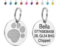 LarryRoo Personalised Dog Tag for Pet Deep Engraved Stainless Steel Pet ID Tag with Glitter Paw Print, Customised Contact Details for Dogs and Cats, 25mm, 32mm or 36mm (Silver, Standard - 25mm)
