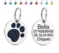 LarryRoo Personalised Dog Tag for Pet Deep Engraved Stainless Steel Pet ID Tag with Glitter Paw Print, Customised Contact Details for Dogs and Cats, 25mm, 32mm or 36mm (Black, Standard - 25mm)