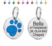 LarryRoo Personalised Dog Tag for Pet Deep Engraved Stainless Steel Pet ID Tag with Glitter Paw Print, Customised Contact Details for Dogs and Cats, 25mm, 32mm or 36mm (Blue, Standard - 25mm)