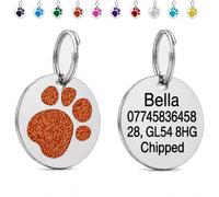 LarryRoo Personalised Dog Tag for Pet Deep Engraved Stainless Steel Pet ID Tag with Glitter Paw Print, Customised Contact Details for Dogs and Cats, 25mm, 32mm or 36mm (Orange, Standard - 25mm)