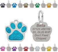 LarryRoo Personalised Engraved Dog Tag Cat Tag Id Tag For Pets Stainless Steel Glitter Paw Print Name Tags 27mm (Turquoise)