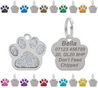 LarryRoo Personalised Engraved Dog Tag Cat Tag Id Tag For Pets Stainless Steel Glitter Paw Print Name Tags 27mm (Silver)