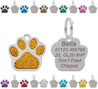 LarryRoo Personalised Engraved Dog Tag Cat Tag Id Tag For Pets Stainless Steel Glitter Paw Print Name Tags 27mm (Orange)