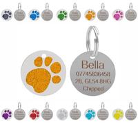 Larryroo Personalised Engraved Pet Id Tags - Round Glitter Paw Print Stainless Steel Tag - Customised With Your Choice Of Text -