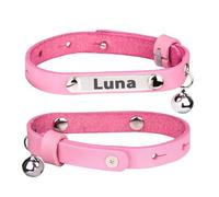 LarryRoo Personalised Genuine Leather Cat Collar With Engraved Name Plate Tag, Bell & Optional Customised Tag (Pink, No Tag, Only Collar)