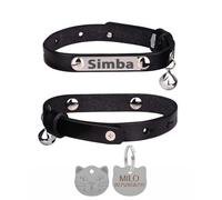 LarryRoo Personalised Genuine Leather Cat Collar With Engraved Name Plate Tag, Bell & Optional Customised Tag (Black, With Silver Cat Face