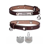LarryRoo Personalised Genuine Leather Cat Collar With Engraved Name Plate Tag, Bell & Optional Customised Tag (Dark Brown, With Silver Cat