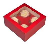 LARRYROO PREMIUM Windowed Red Cupcake Boxes for 4 Cup Cakes & inserts | Valentines Day, Anniversary, Christmas Etc (2)