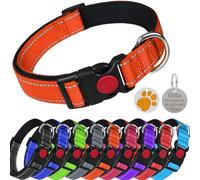 LARRYROO Reflective Dog Soft Padded Nylon Collar | Slide Lock Safety Buckle | Fully Adjustable With Personalised Engraved Round Paw Print Glitter Tag (Orange, Large (40cm - 60cm Neck))