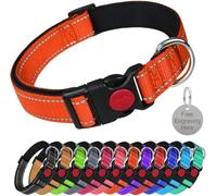 LARRYROO Reflective Dog Soft Padded Nylon Collar | Slide Lock Safety Buckle | Fully Adjustable With Personalised Engraved Round Silver Tag (Orange, Small (25cm - 40cm Neck))