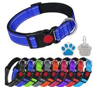 LARRYROO Reflective Dog Soft Padded Nylon Collar | Slide Lock Safety Buckle | Fully Adjustable With Personalised Engraved Glitter Paw Shaped Tag (Blue, Small (25cm - 40cm Neck))