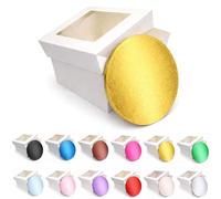 LARRYROO Round Colour Cake Drum Board & White Box with Clear Display Window + Lid Combo Pack for Wedding, Birthday Cakes (Gold, 16 Inch)