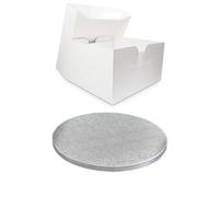 LARRYROO Single White Cake Box and Silver Round Board Pack - Thick Drum for Wedding, Party etc (10 Inches)