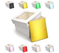 LARRYROO Square Colour Cake Drum Board & White Box with Clear Display Window + Lid Combo Pack for Wedding, Birthday Cakes (Gold, 10 Inch)