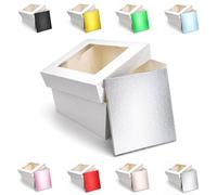 LARRYROO Square Colour Cake Drum Board & White Box with Clear Display Window + Lid Combo Pack for Wedding, Birthday Cakes (Silver, 6 Inch)