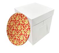 LARRYROO Tall White Cake Box Extra Deep & Festive Round Christmas Cake Drum Board Combo For High Celebration Xmas Cakes (Red, 12 Inch)