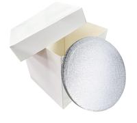 LARRYROO Tall White Cake Box Extra Deep & Silver Round Cake Drum Board Combo For High Celebration, Wedding, Birthday Cakes (12")