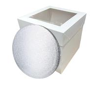 LARRYROO Tall White Cake Box Extra Deep with Clear Display Window & Silver Round Cake Drum Board Combo (12")